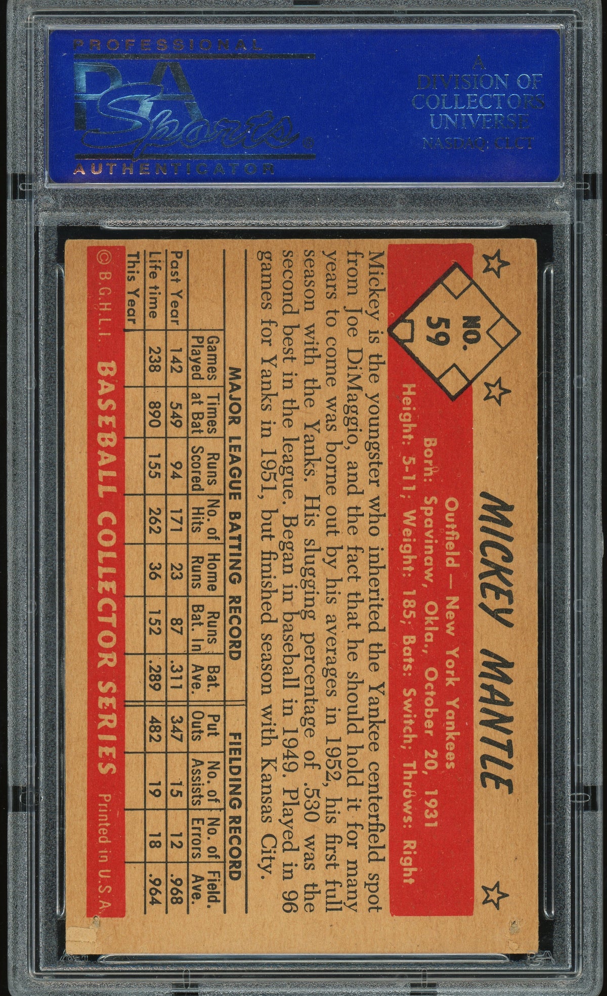 1953 Bowman Color #59 Mickey Mantle PSA 1 Fantastic Eye Appeal (pinhole)