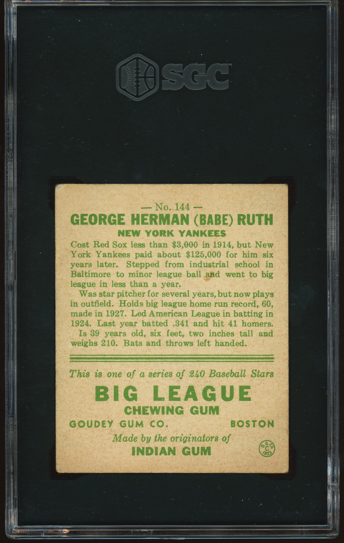 1933 Goudey #144 Babe Ruth SGC 4 VG-EX Nice Eye Appeal