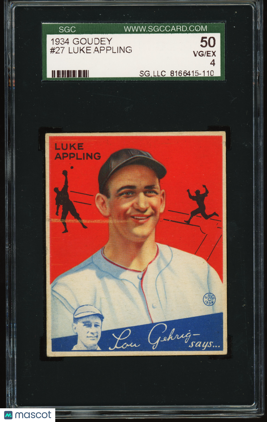 1934 Goudey #27 Luke Appling RC Rookie SGC 4 VG-EX Well Centered