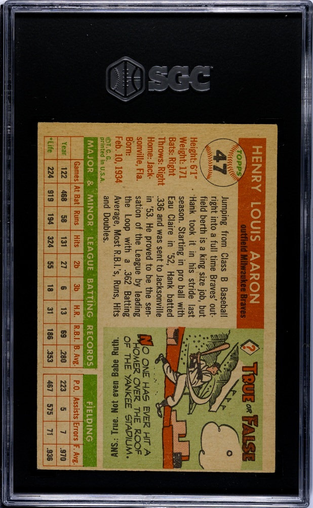 1955 Topps #47 Hank Aaron SGC 3 VG Nice Color