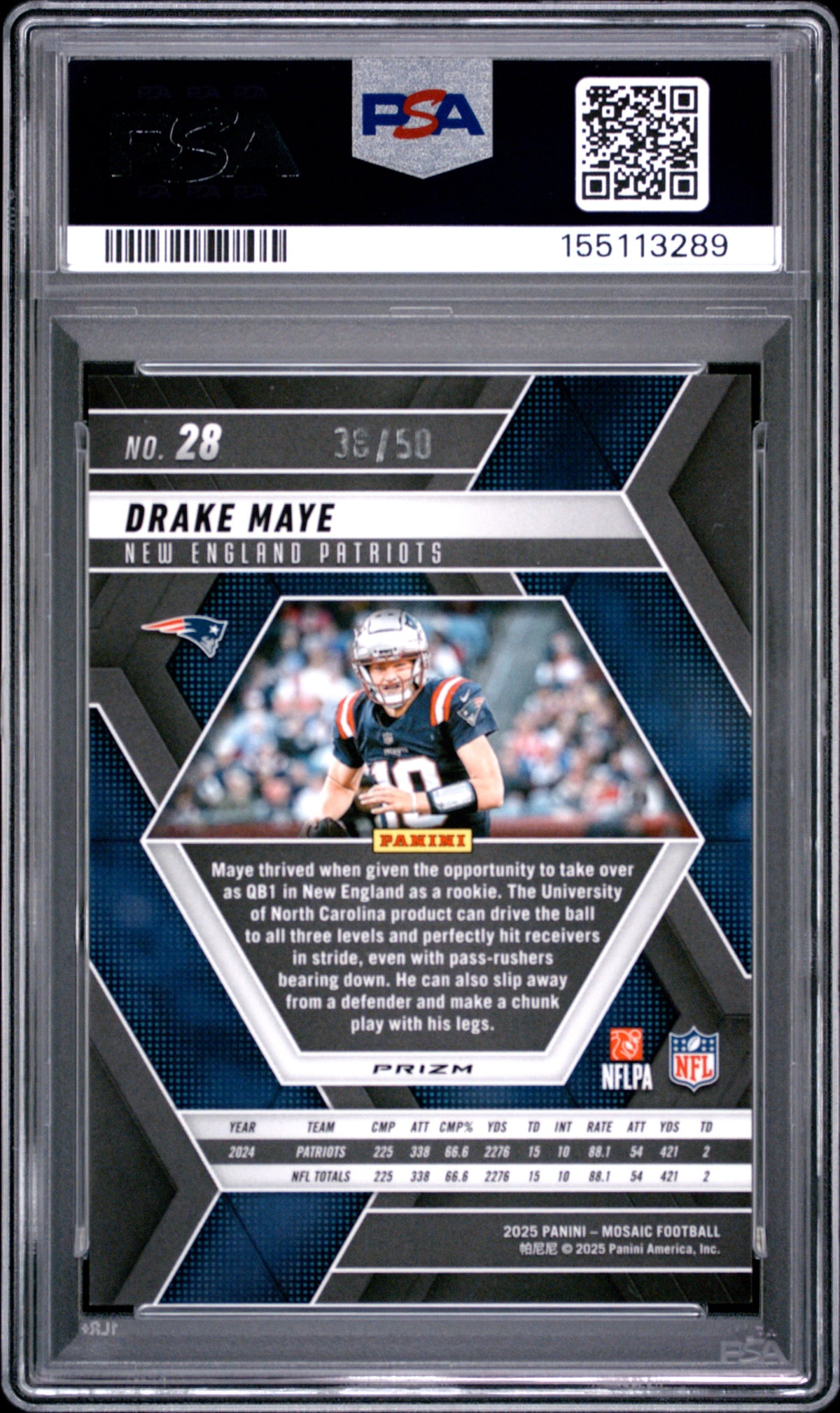 2025 Panini Mosaic #28 Drake Maye Purple No Huddle PSA 10
