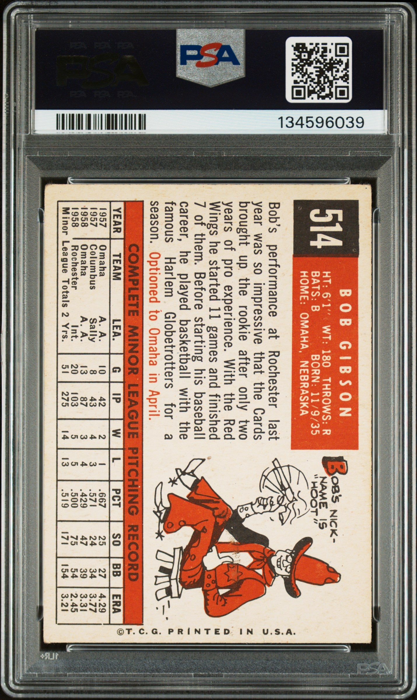 1959 Topps #514 Bob Gibson RC Rookie PSA 3.5 VG+ Well Centered New Label
