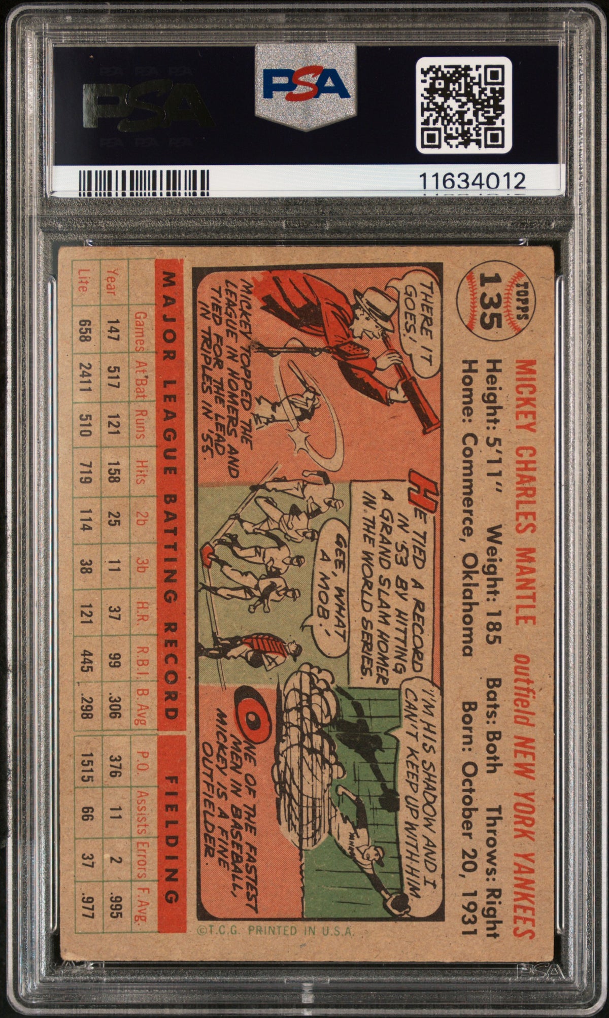 1956 Topps #135 Mickey Mantle Gray Back PSA 4 VG-EX Well Centered New Label
