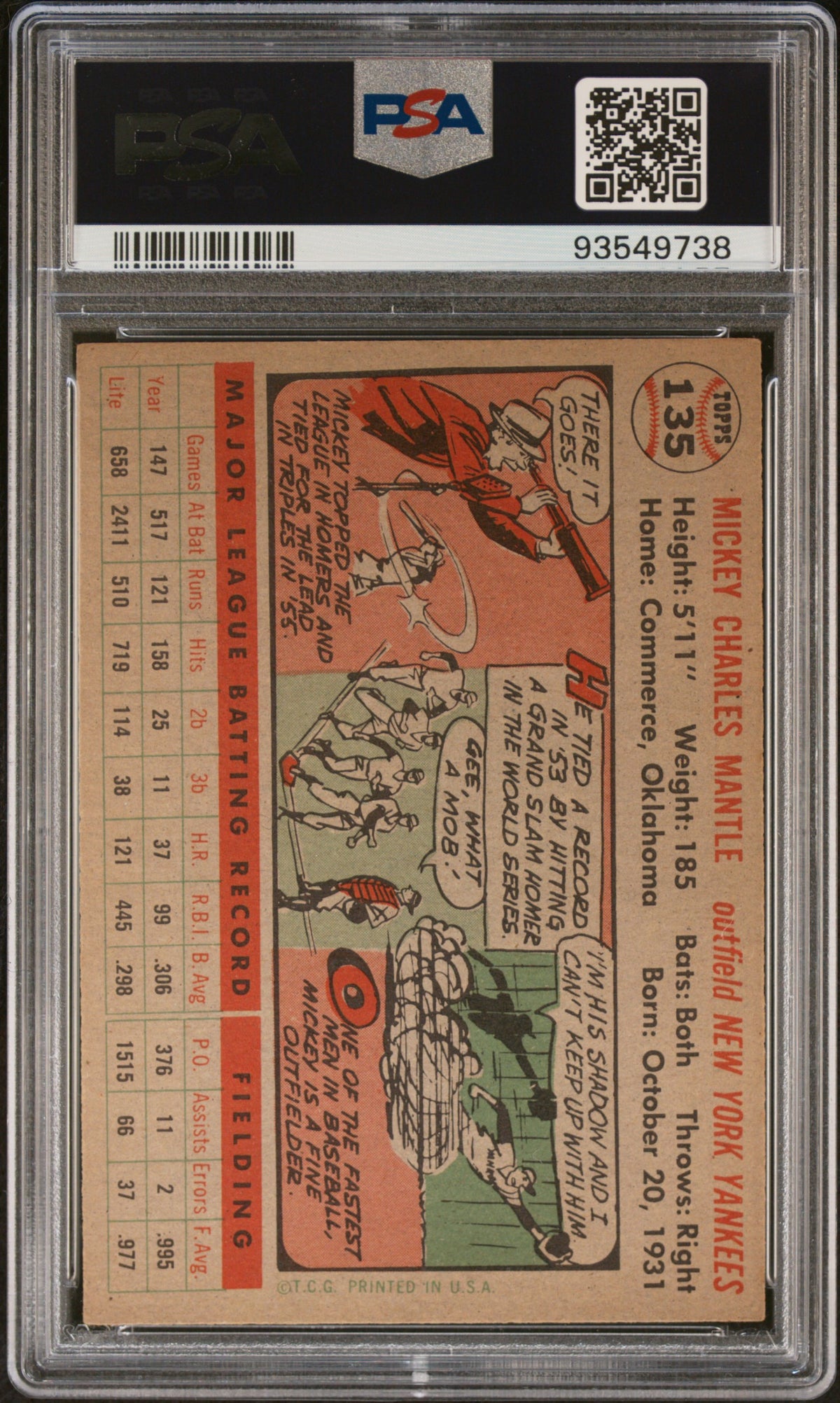1956 Topps #135 Mickey Mantle Gray Back PSA 4.5 VG-EX+ CENTERED New Label