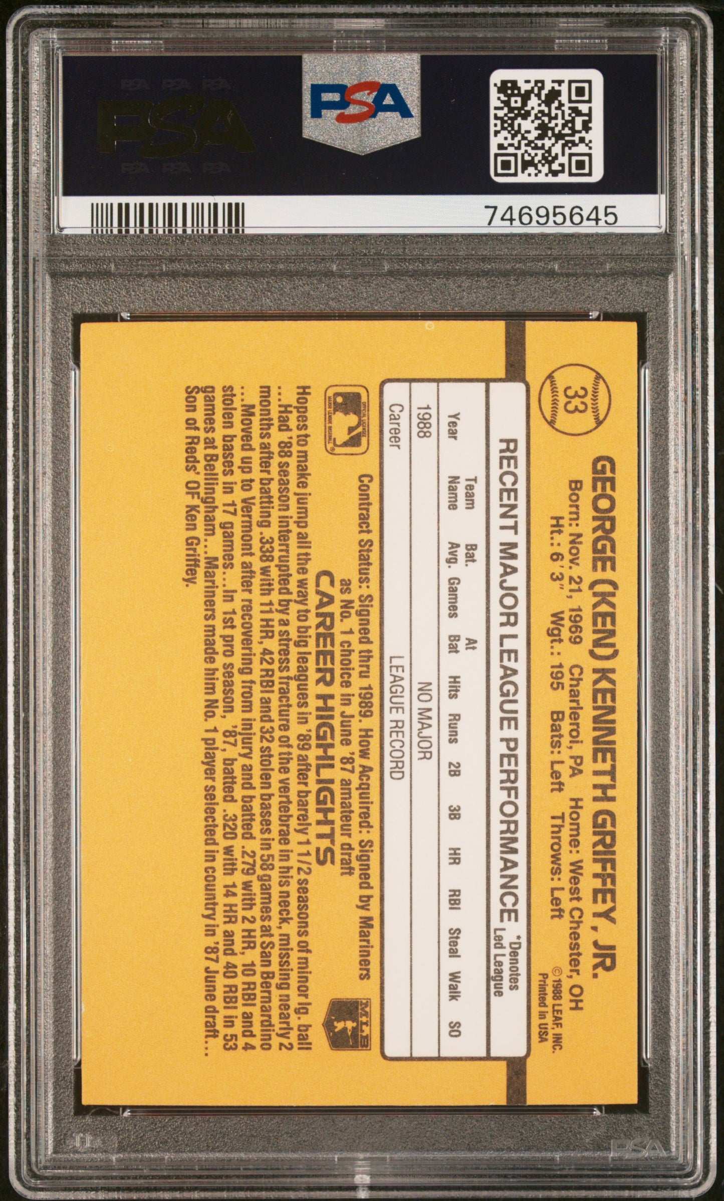 1989 Donruss #33 Ken Griffey Jr RC Rookie PSA 10 GEM MINT New Label