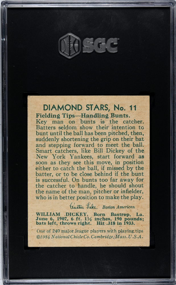 1934 Diamond Stars #11 Bill Dickey SGC 4.5 VG-EX+ Nice Color
