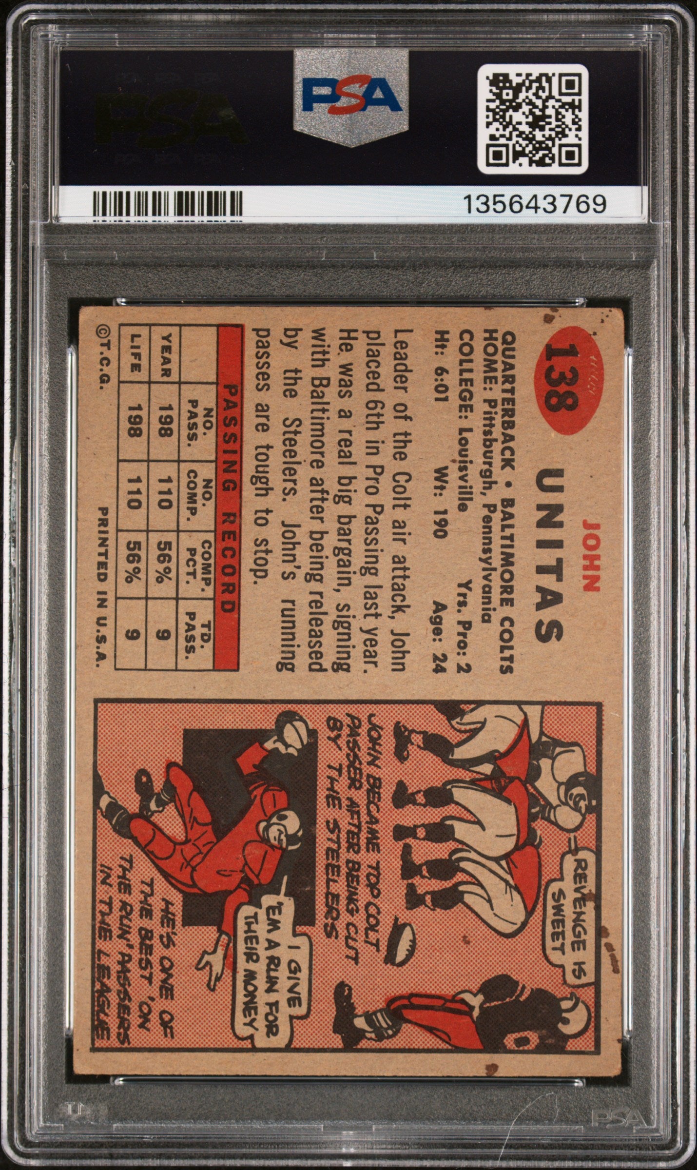 1957 Topps #138 John Unitas RC Rookie PSA 3 VG New Label