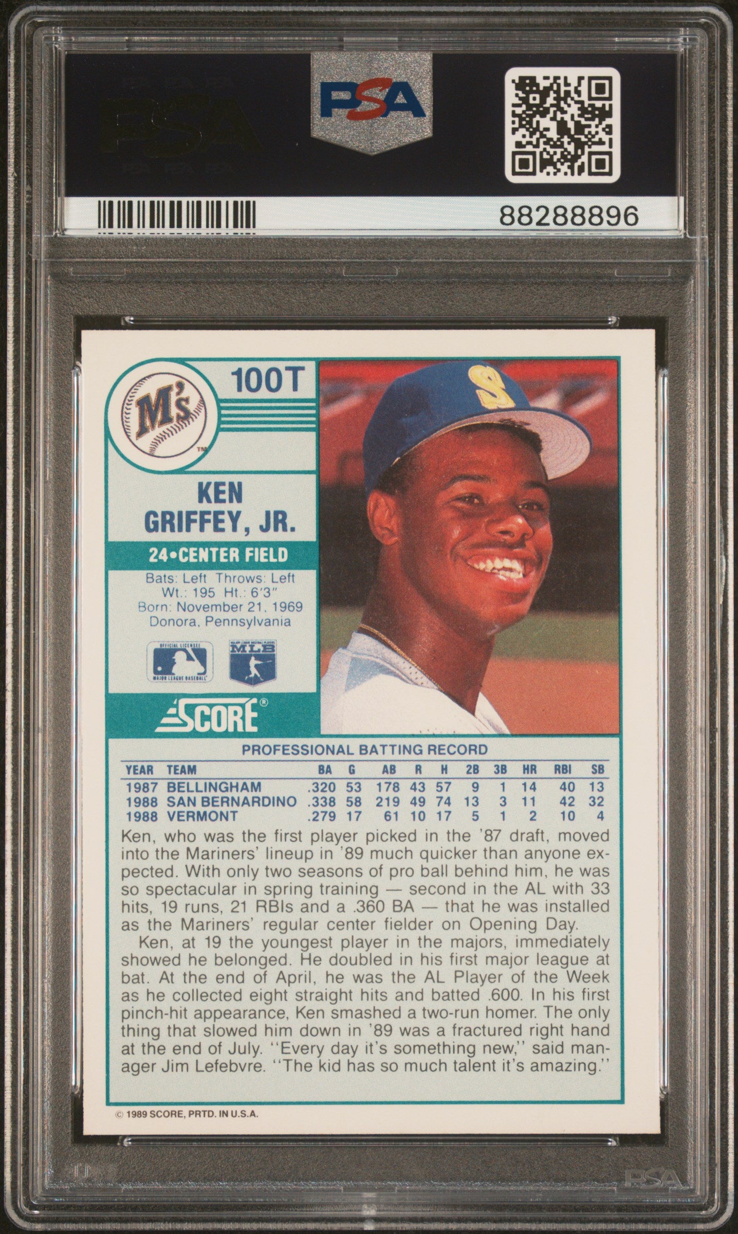 1989 Score Traded #100T Ken Griffey Jr RC Rookie PSA 10 GEM MINT New Label