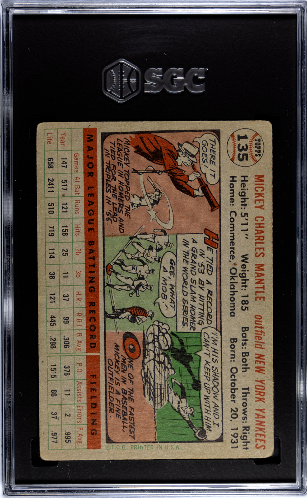 1956 Topps #135 Mickey Mantle Gray Back SGC 2.5 GD+ CENTERED + Nice Color