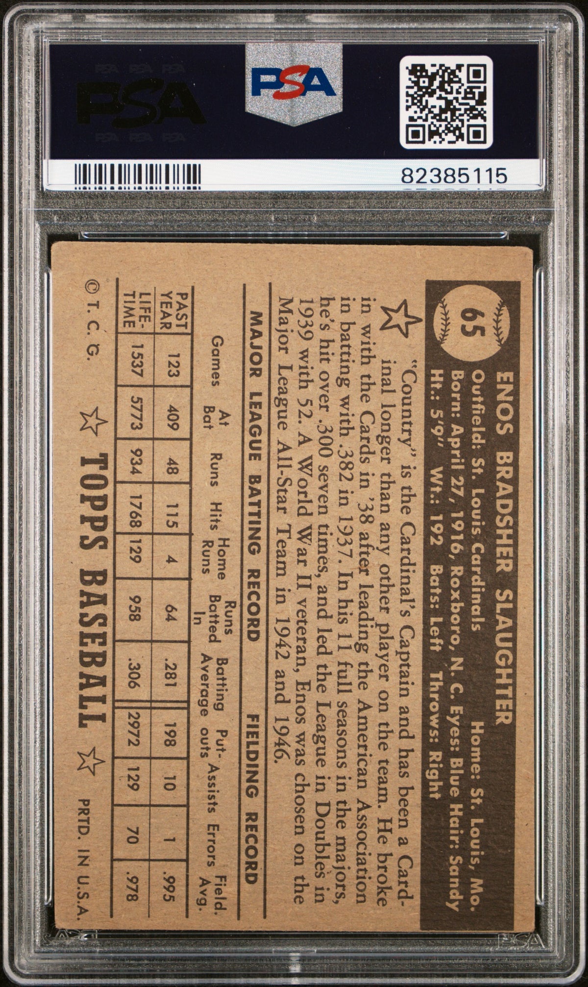 1952 Topps #65 Enos Slaughter Black Back PSA 3 VG New Label