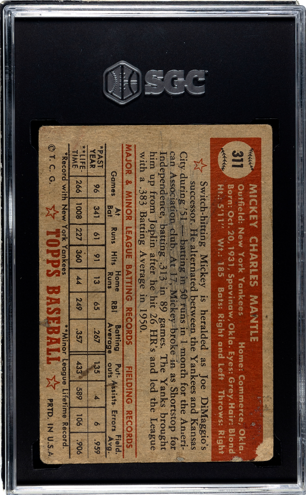 1952 Topps #311 Mickey Mantle SGC 1 Nice Color