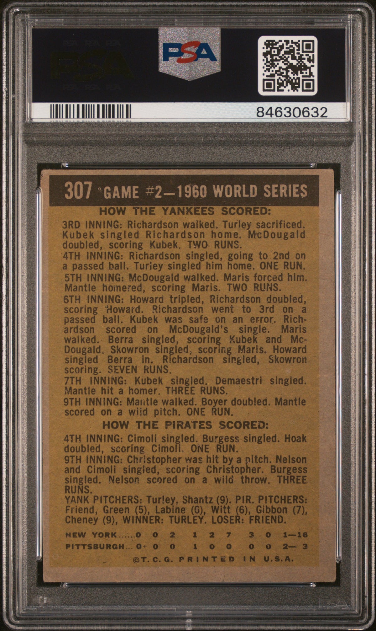 1961 Topps #307 World Series Game 2 Mickey Mantle Slams 2 Homers PSA 3