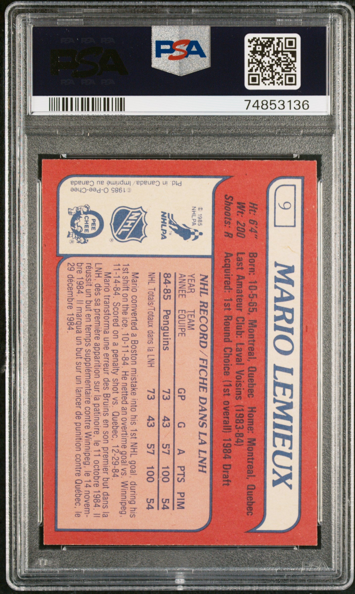1985 O-Pee-Chee #9 Mario Lemieux RC Rookie PSA 8 NM-MT New Label