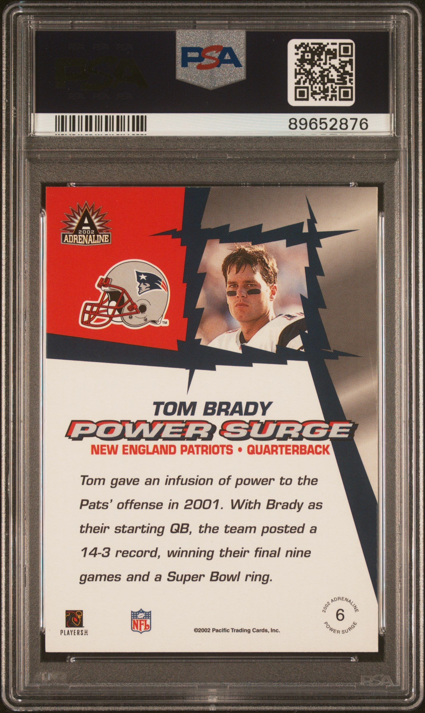 2002 Pacific Adrenaline Power Surge Tom Brady #6 PSA 10 GEM MINT