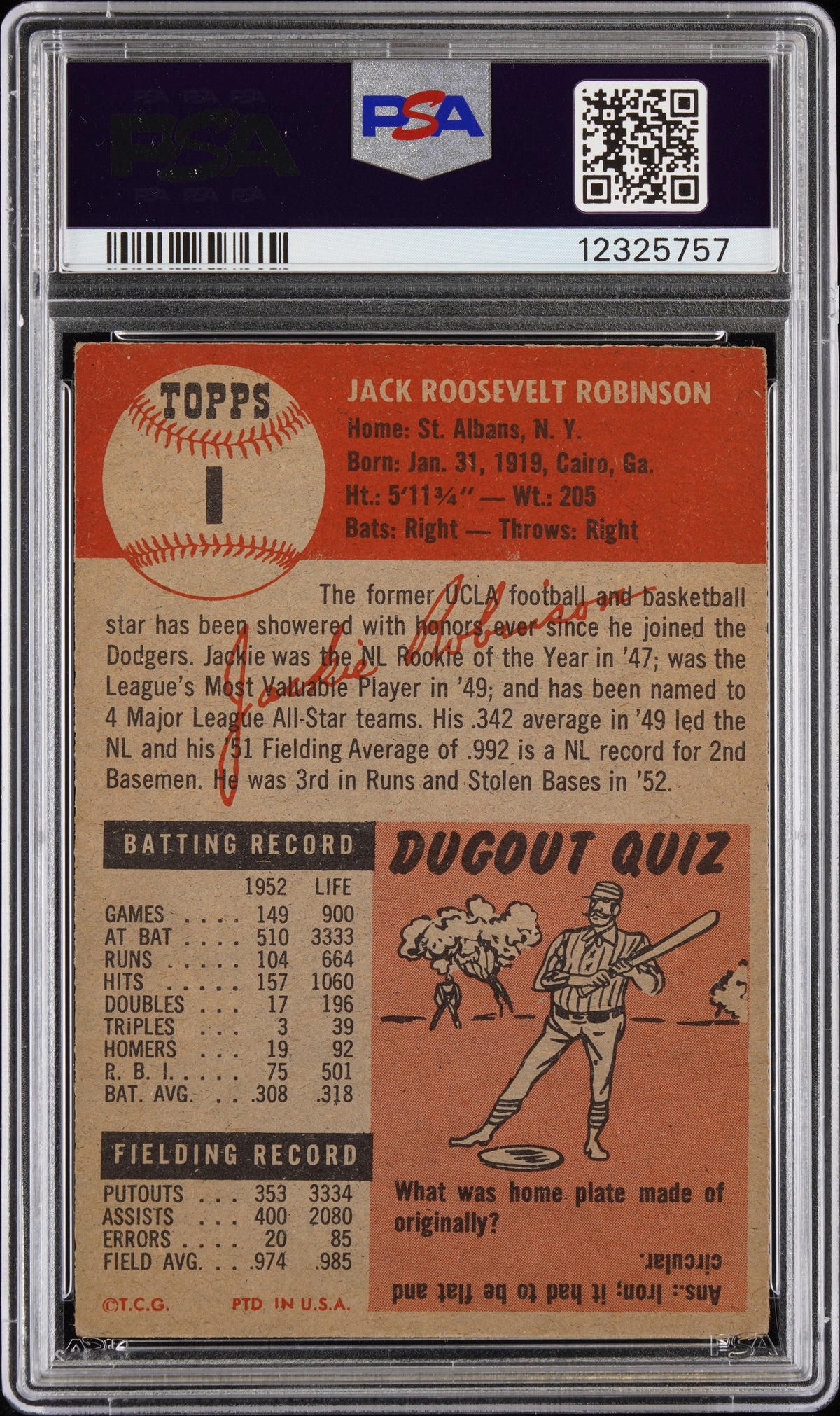 1953 Topps #1 Jackie Robinson PSA 6 EX-MT New Label