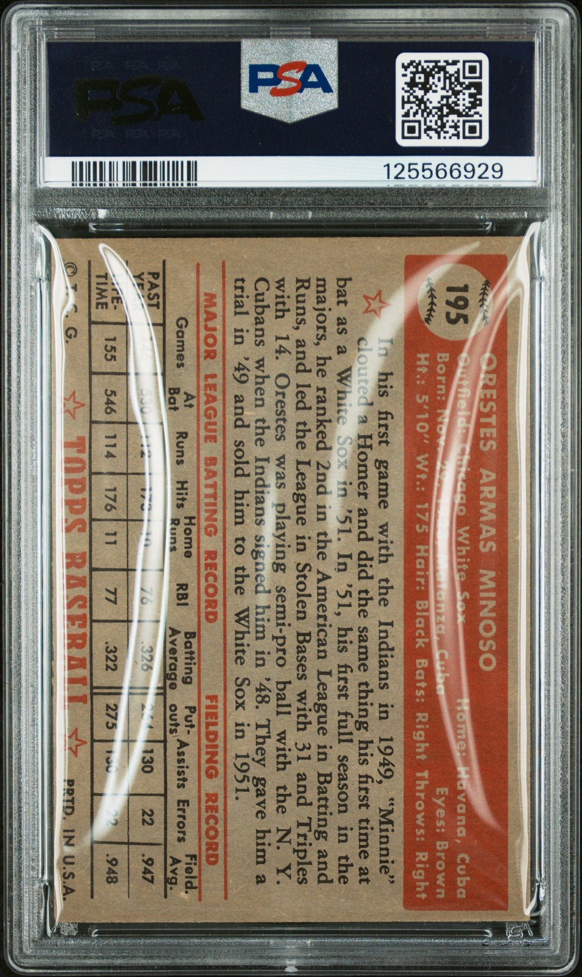1952 Topps #195 Orestes Minnie Minoso RC Rookie PSA 5.5 EX+ Well Centered