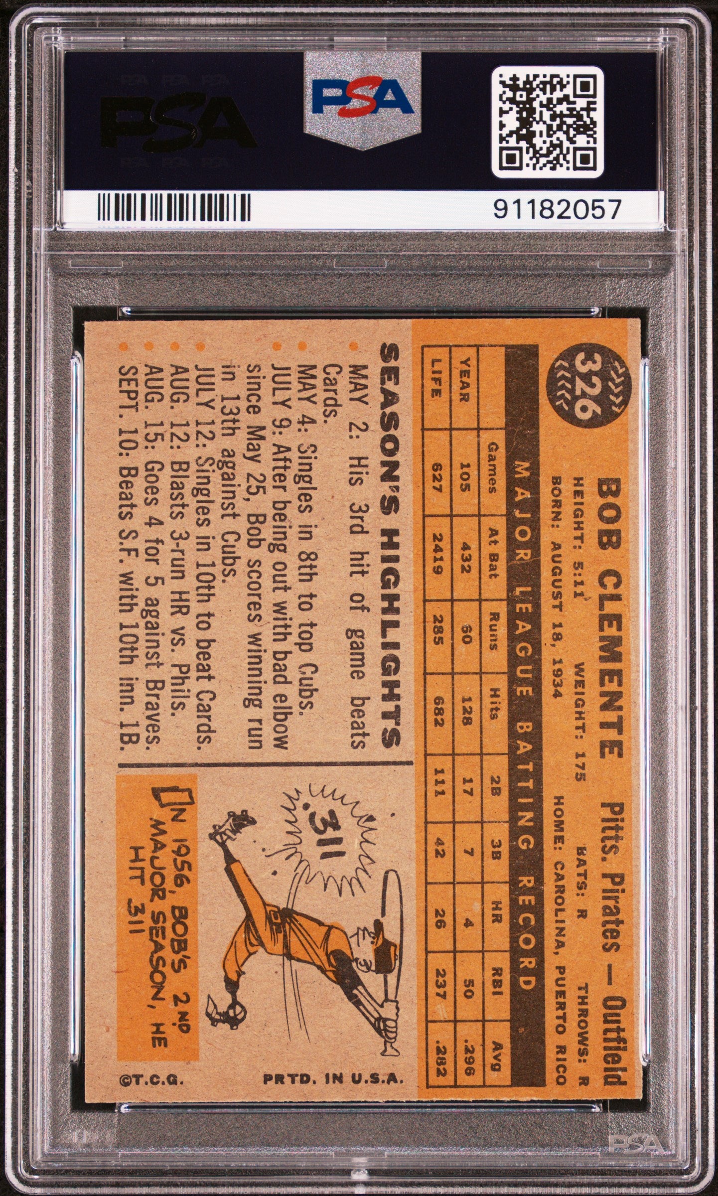 1960 Topps #326 Bob Roberto Clemente PSA 7 NM Near Mint New Label