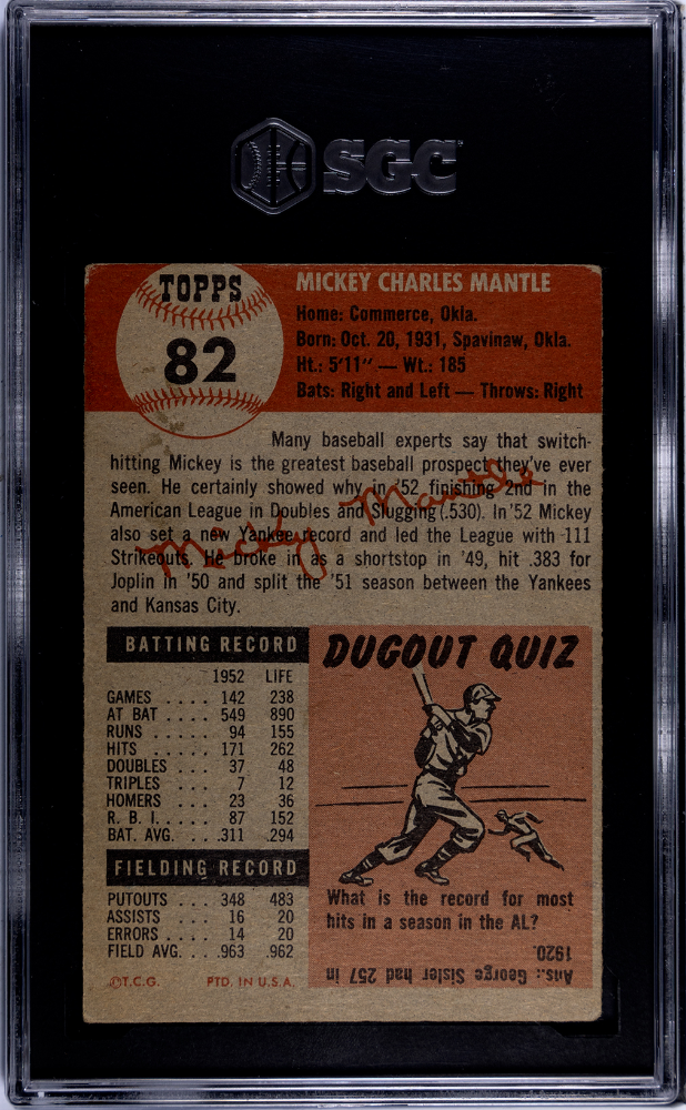 1953 Topps #82 Mickey Mantle SGC 3 VG CREASE FREE Nice Color