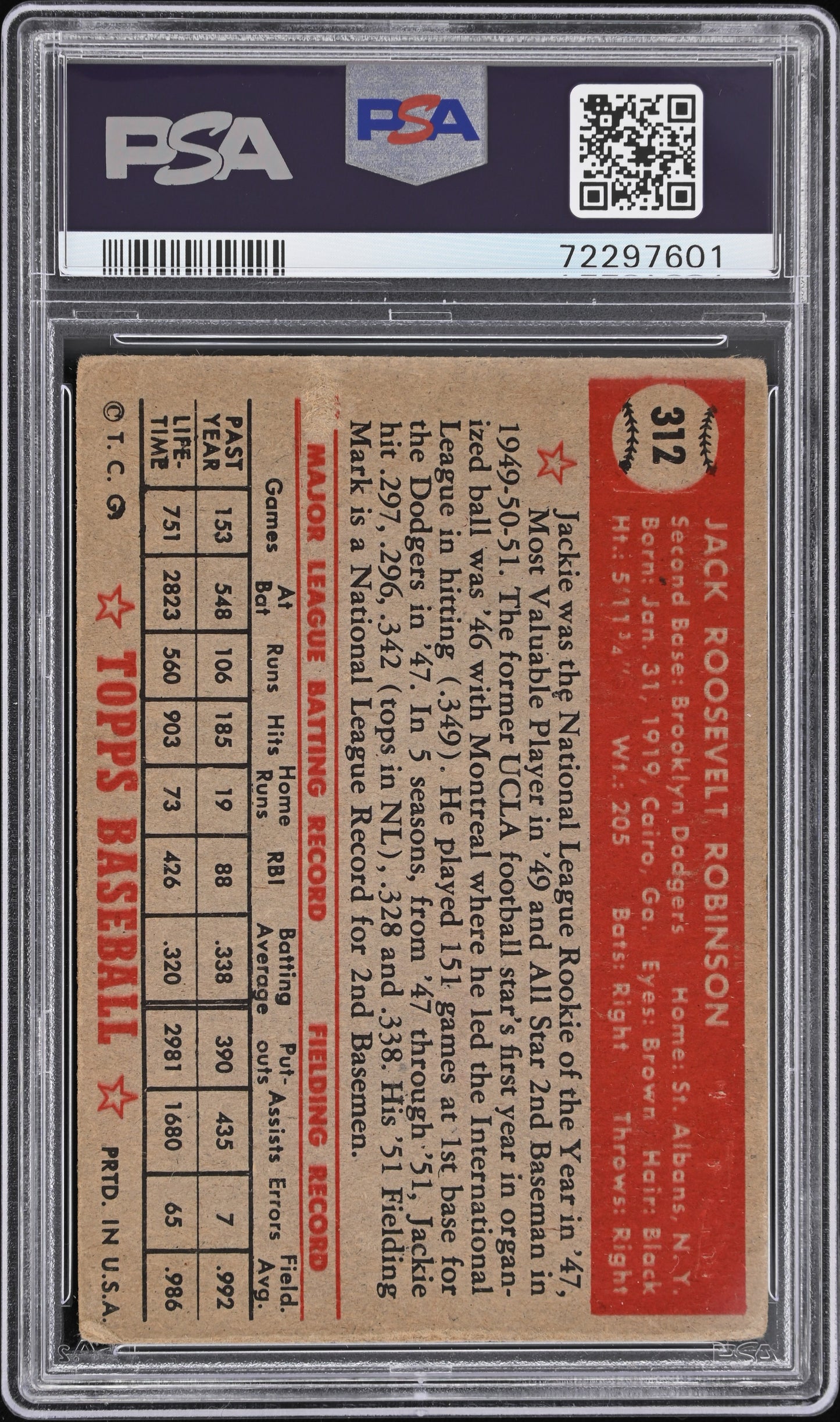 1952 Topps #312 Jackie Robinson PSA 2 GD Nice Color New Label