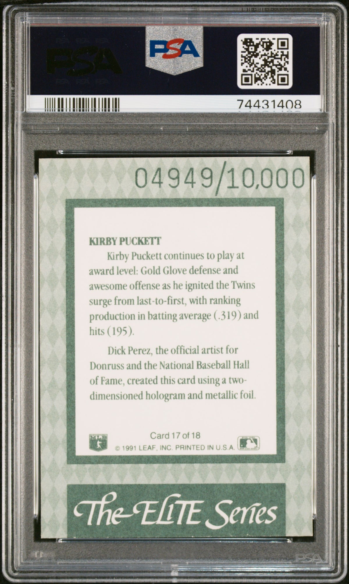 1992 Donruss Elite #17 Kirby Puckett PSA 9 MINT 4949/10000