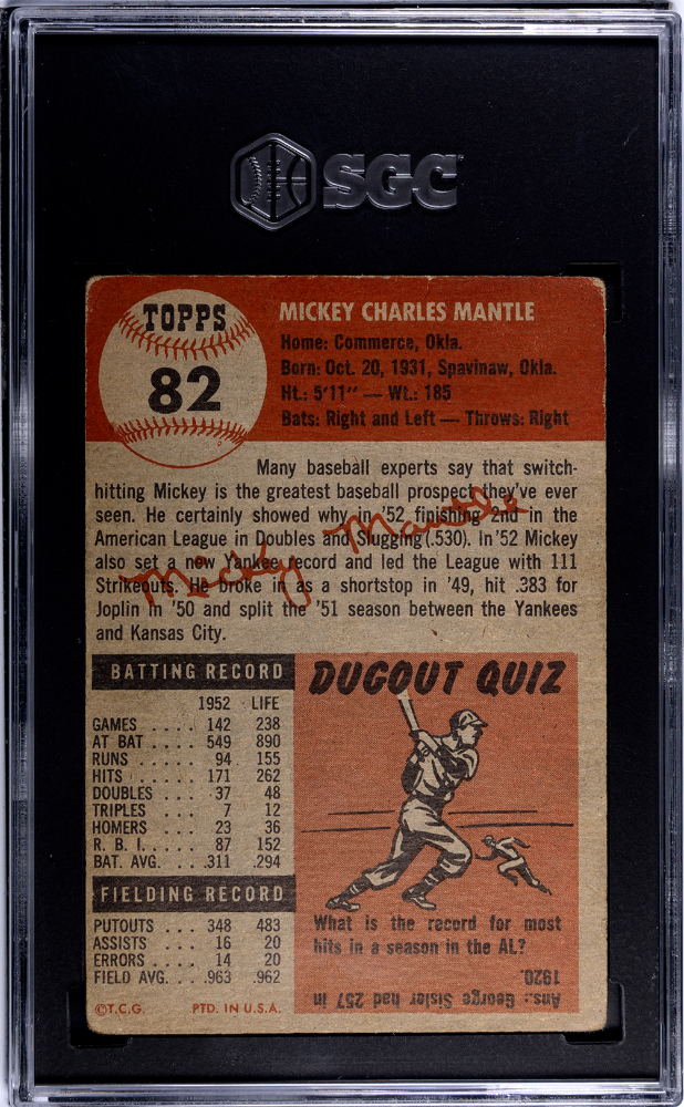 1953 Topps #82 Mickey Mantle SGC 2 GD Nice Color