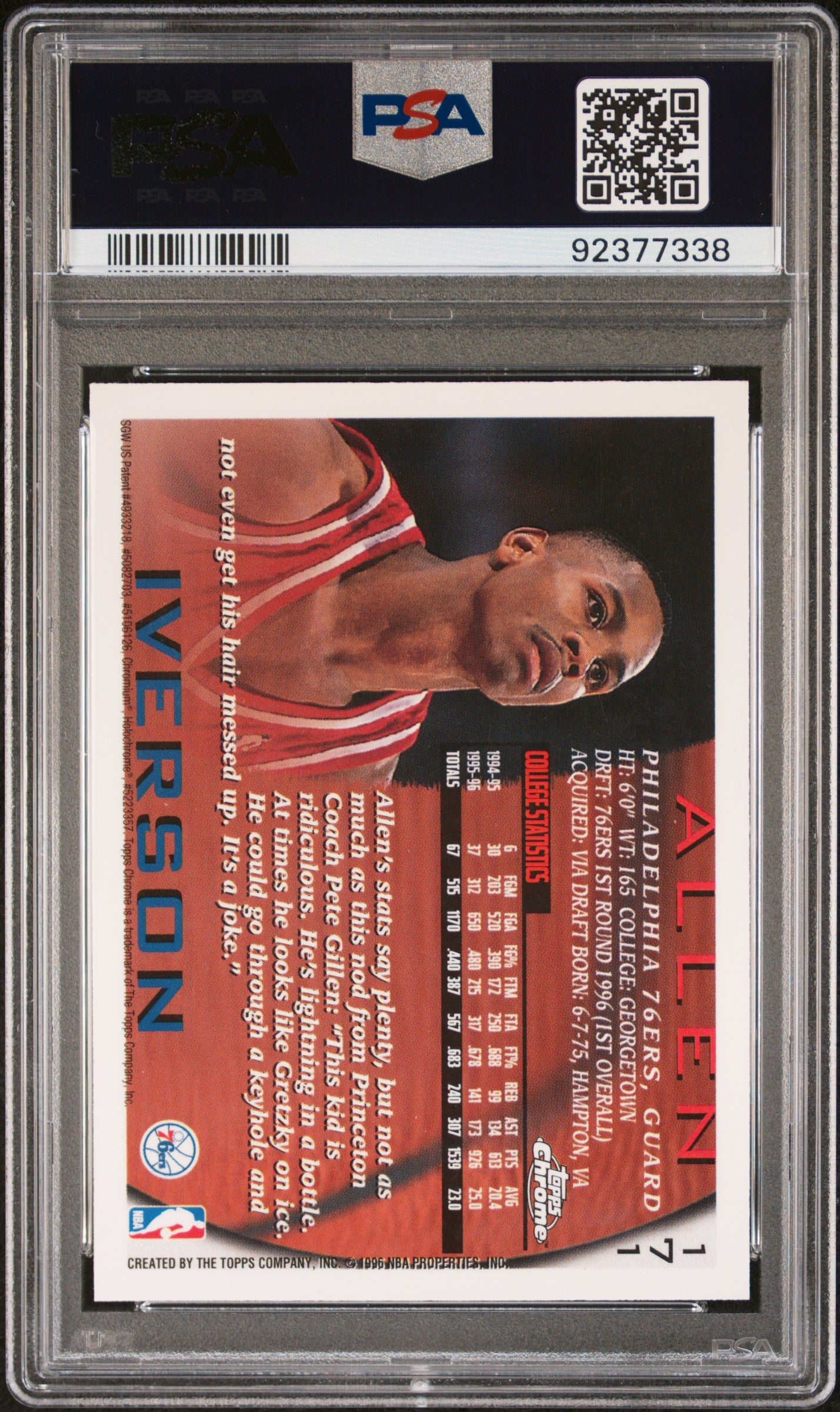 1996 Topps Chrome #171 Allen Iverson RC Rookie PSA 10 GEM MINT New Label