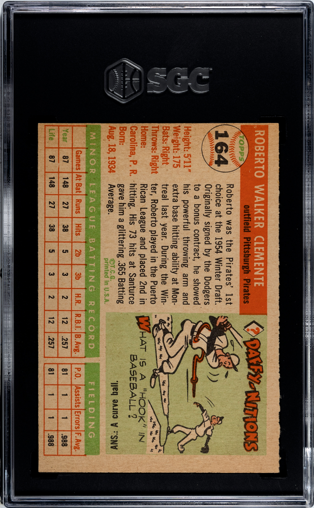 1955 Topps #164 Roberto Clemente RC Rookie SGC 4 VG-EX SHARP + Nice Color