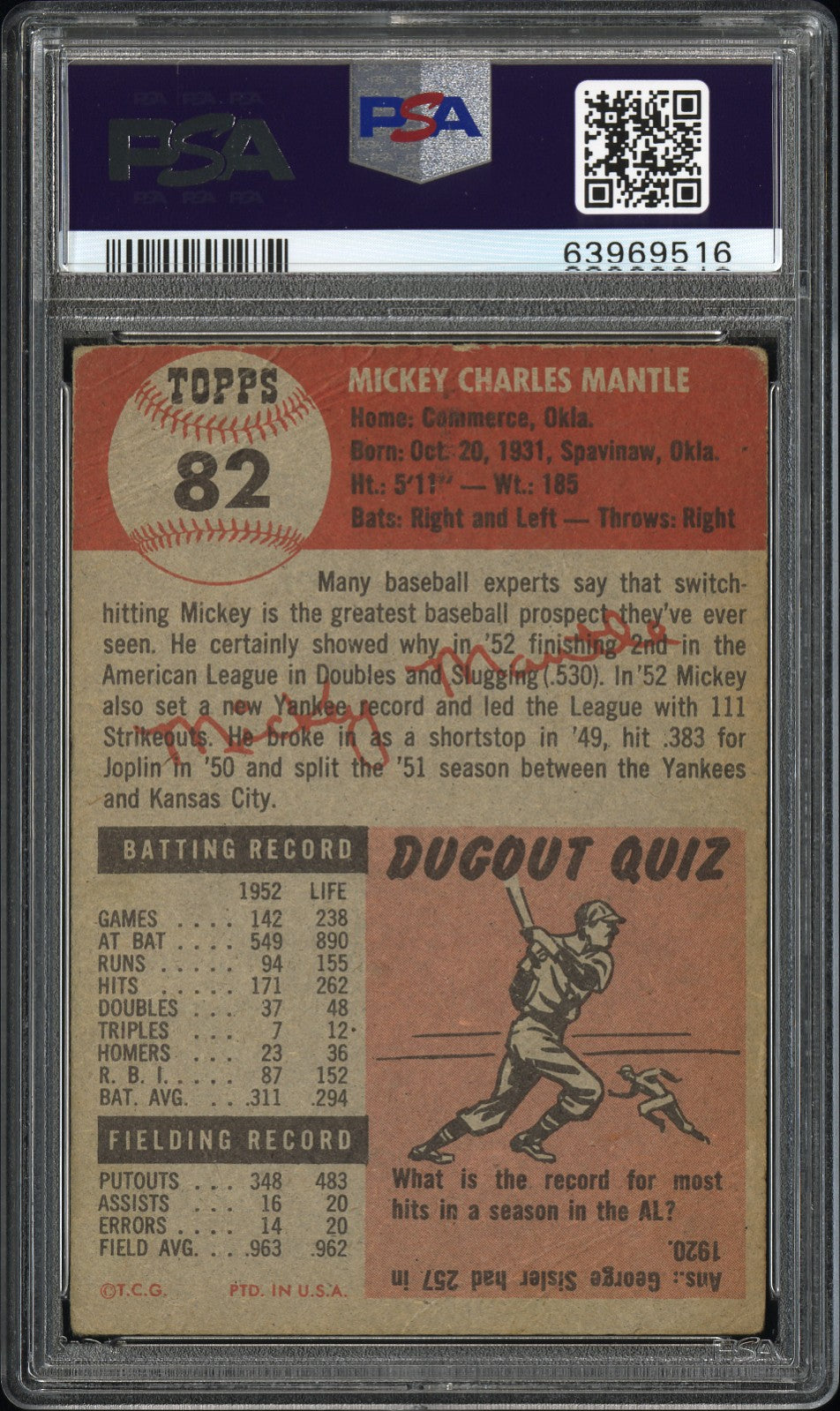 1953 Topps #82 Mickey Mantle PSA 1.5 New Label Nice Eye Appeal