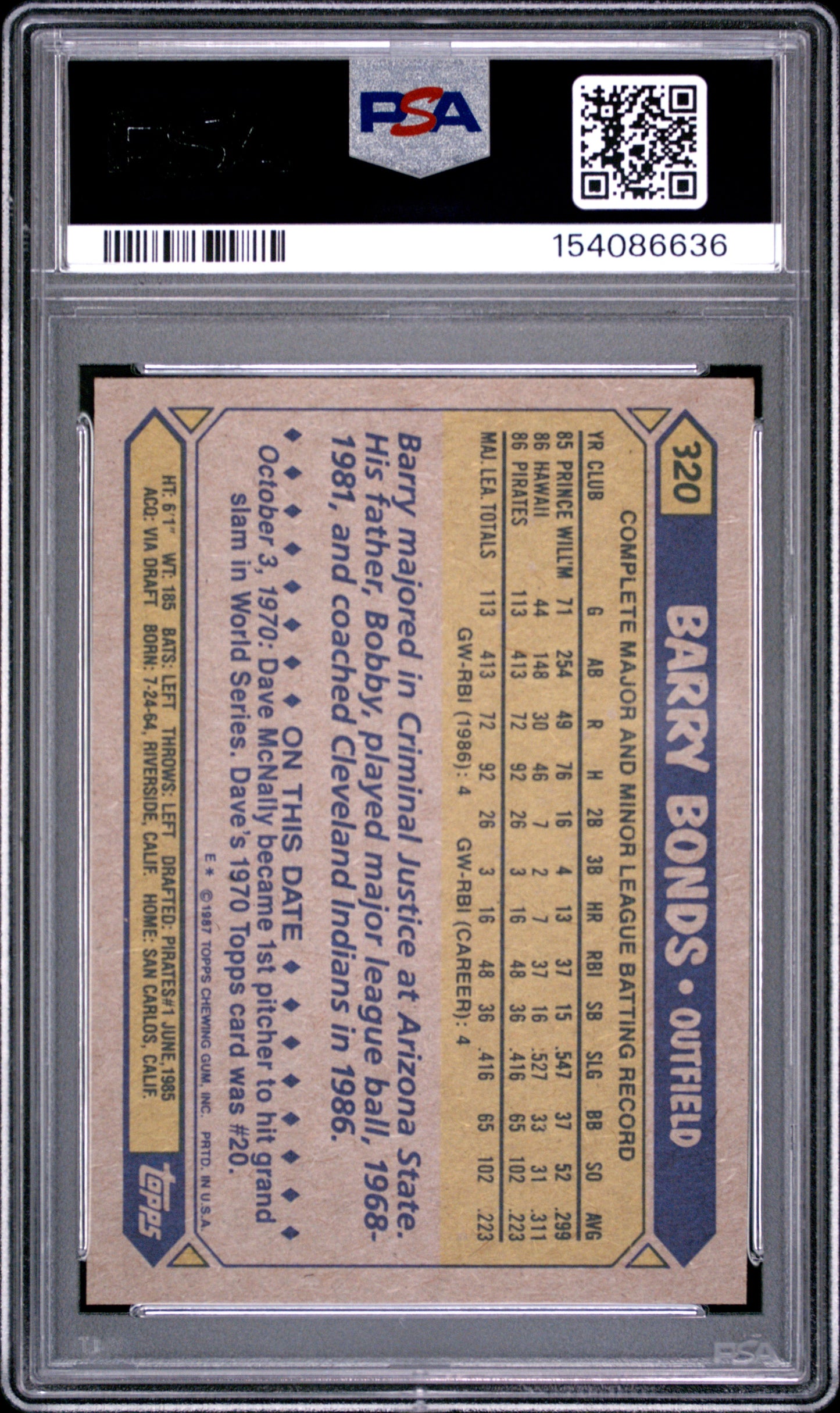 1987 Topps #320 Barry Bonds RC Rookie PSA 10 GEM MINT New Label