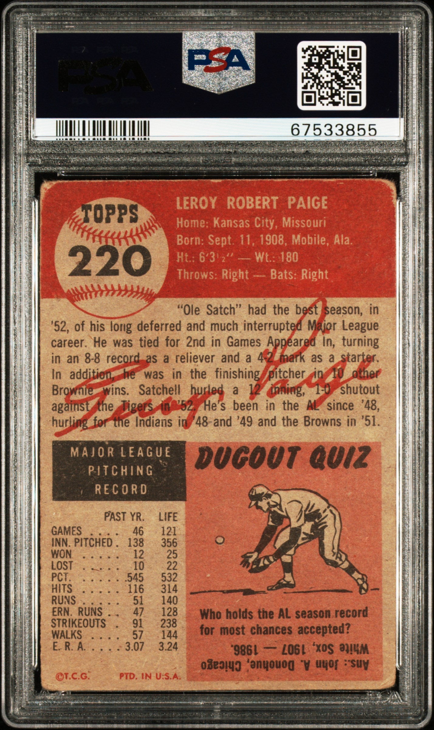 1953 Topps #220 Satchel Satchel Paige PSA 2 GD Nice Color New Label