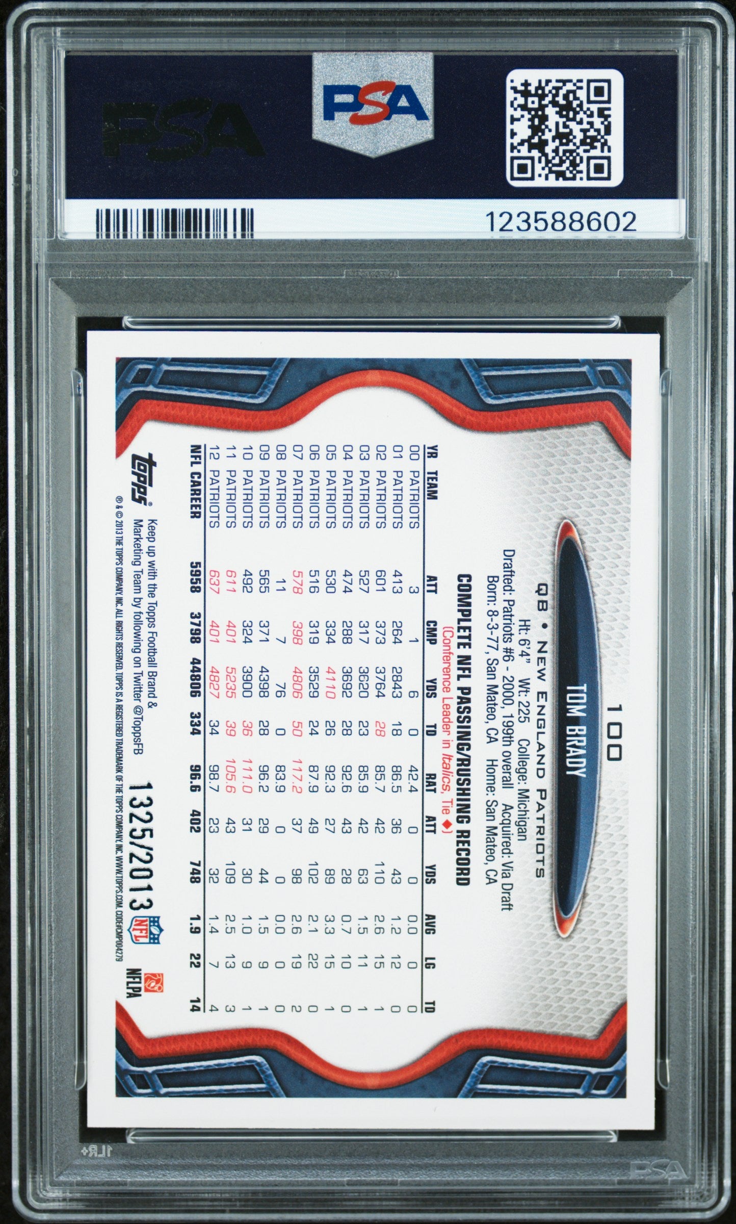 2013 Topps Tom Brady #100 White Jersey GOLD PSA 8 /2013