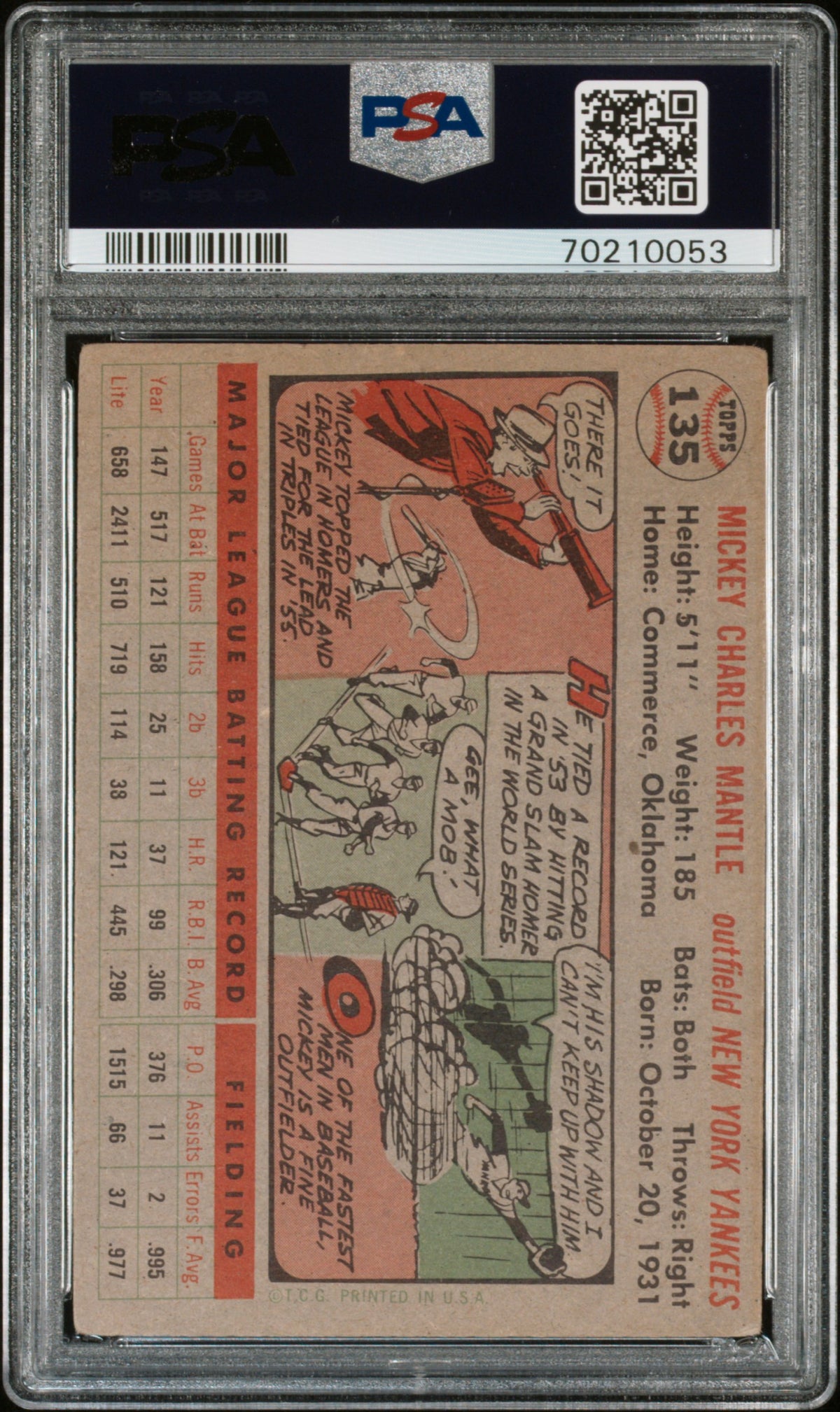 1956 Topps #135 Mickey Mantle Gray Back PSA 2 GD CENTERED New Label