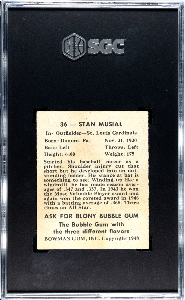 1948 Bowman #36 Stan Musial RC Rookie SGC 4 VG-EX Well Centered