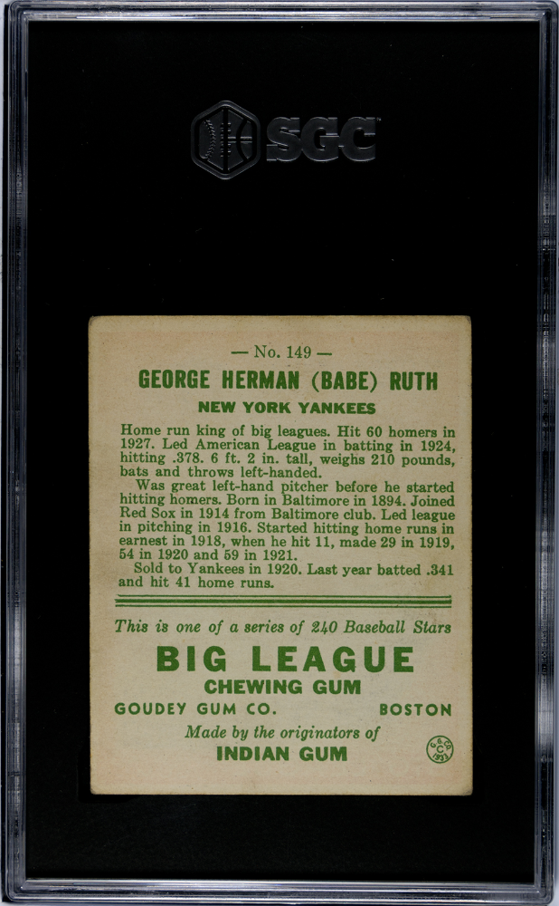 1933 Goudey #149 Babe Ruth SGC 4 VG-EX Nice Eye Appeal CENTERED
