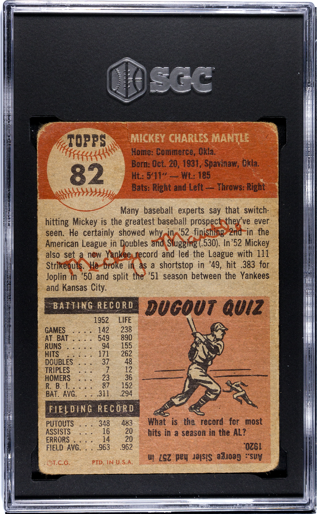1953 Topps #82 Mickey Mantle SGC 1 Well Centered