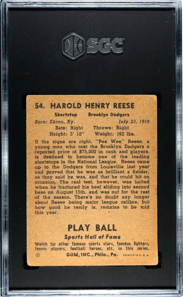 1941 Playball #54 Pee Wee Reese RC Rookie SGC 2.5 GD+ Well Centered