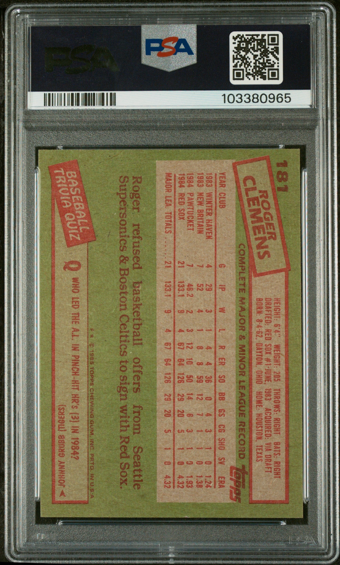 1985 Topps #181 Roger Clemens RC Rookie PSA 10 GEM MINT New Label