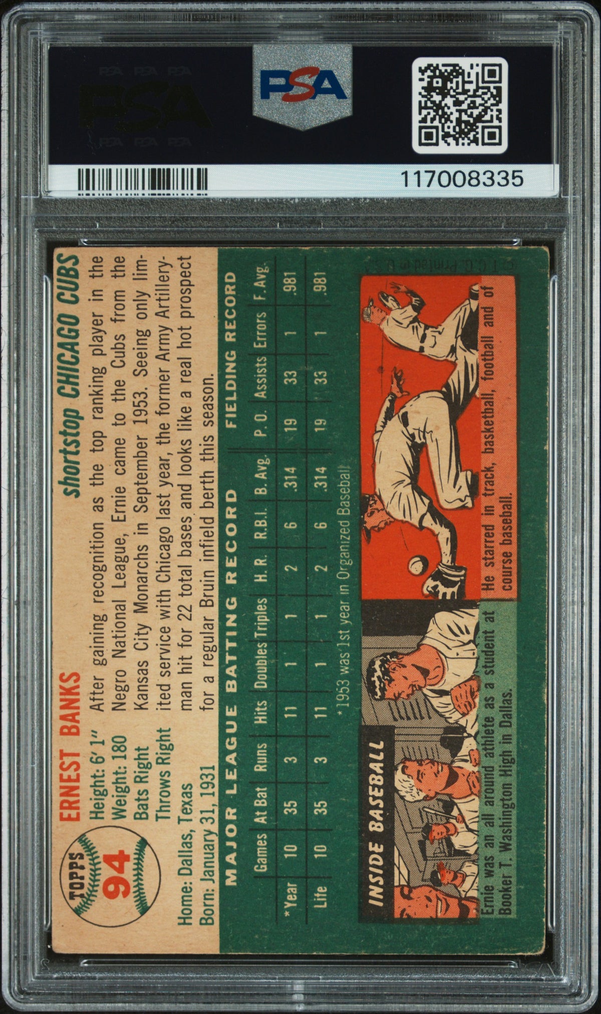 1954 Topps #94 Ernie Banks RC Rookie PSA 1.5 mc New Label