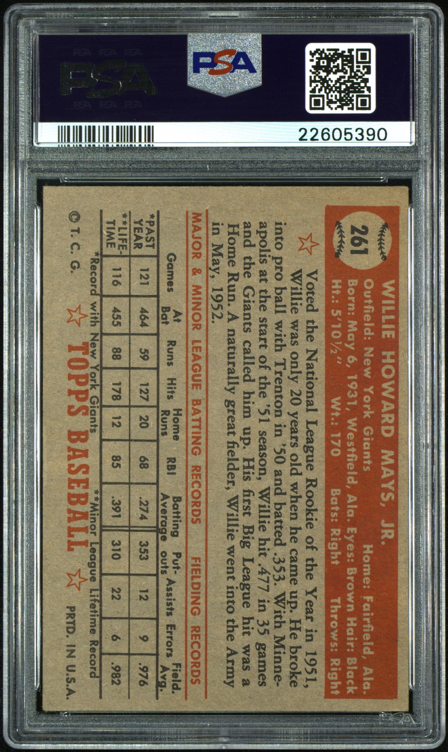 1952 Topps #261 Willie Mays PSA 5.5 EX+ SHARP + Nice Color New Label