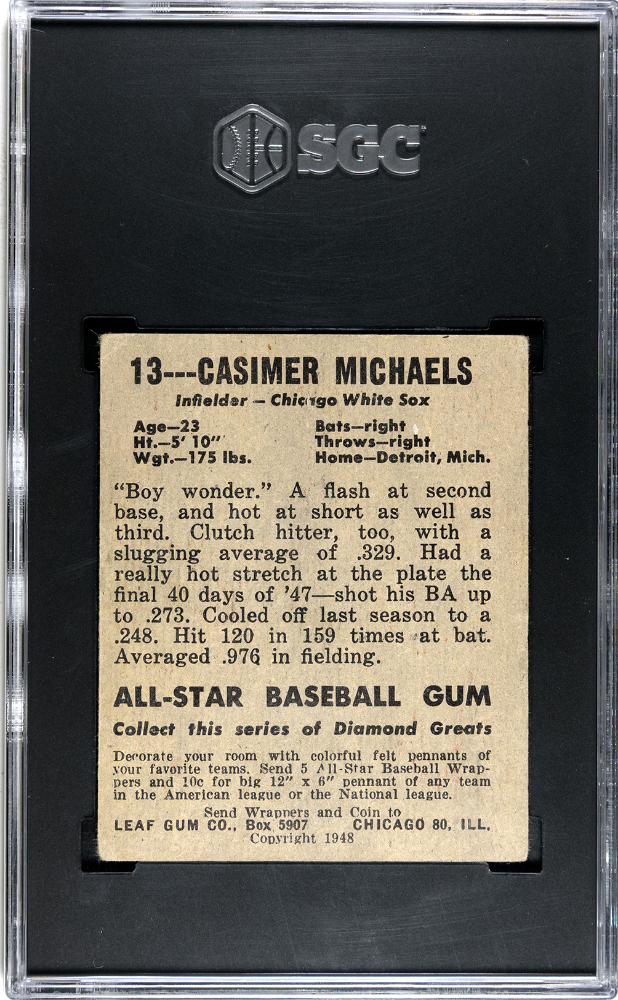 1948 Leaf Gum Co. #13 Casimer Michaels SGC 3 VG Nice Eye Appeal SP Short Print