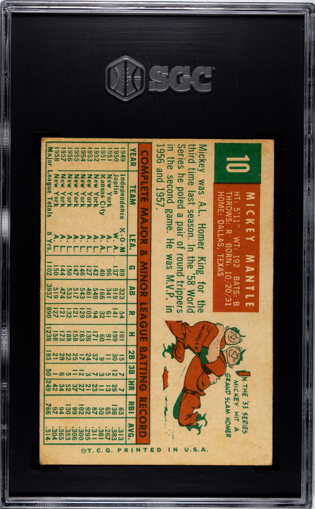 1959 Topps #10 Mickey Mantle SGC 1.5 Nice Color