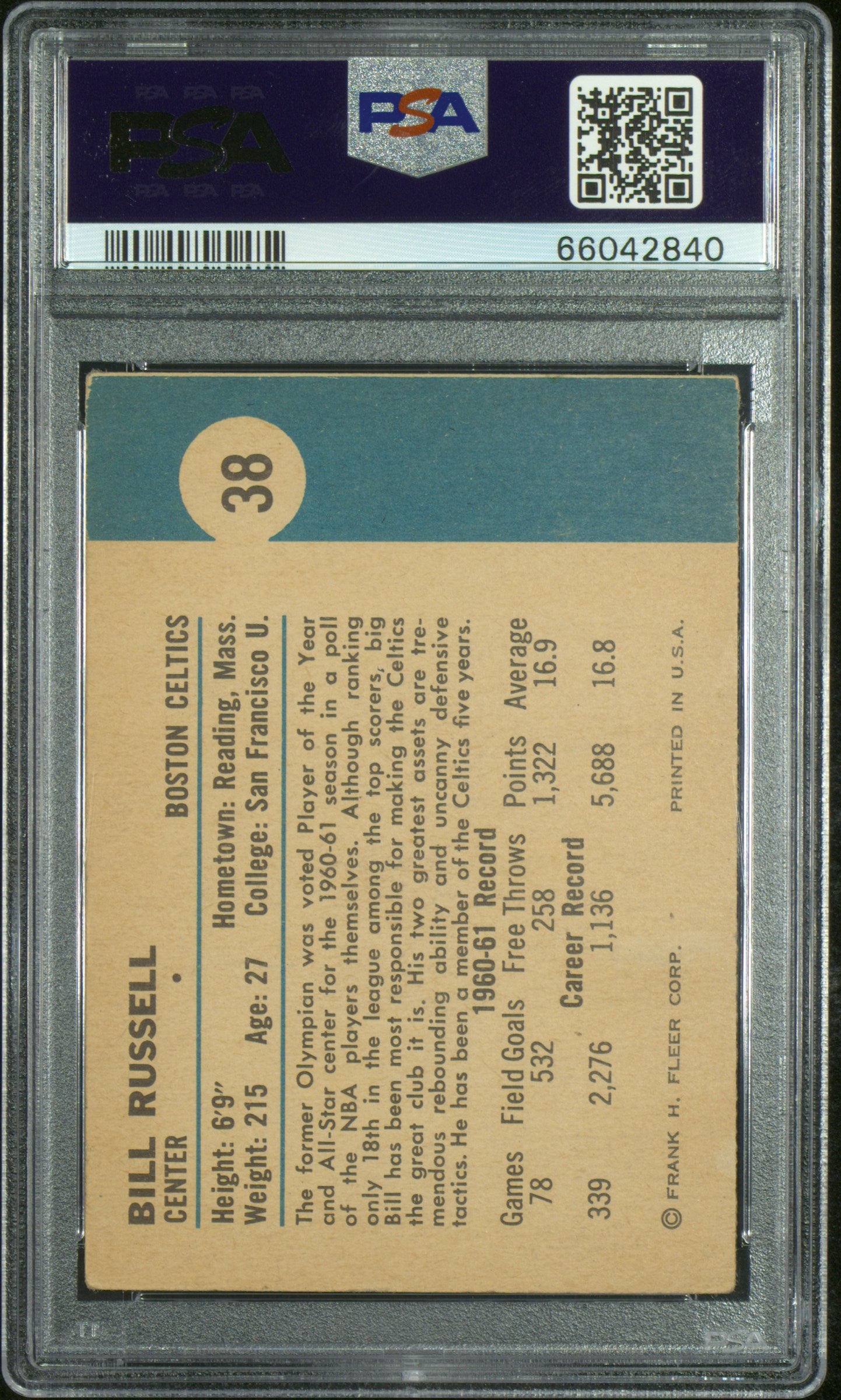 1961 Fleer #38 Bill Russell PSA 2.5 GD+ Nice Color New Label