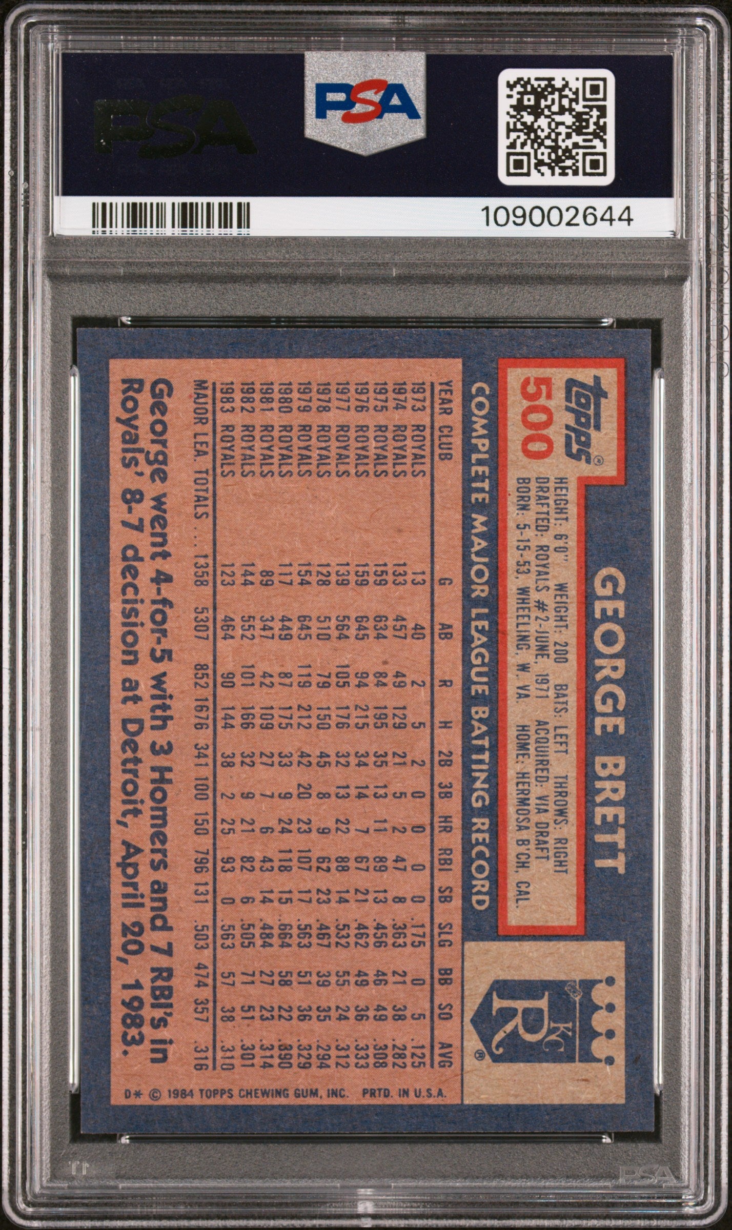 1984 Topps George Brett #500 PSA 10 GEM MINT New Label