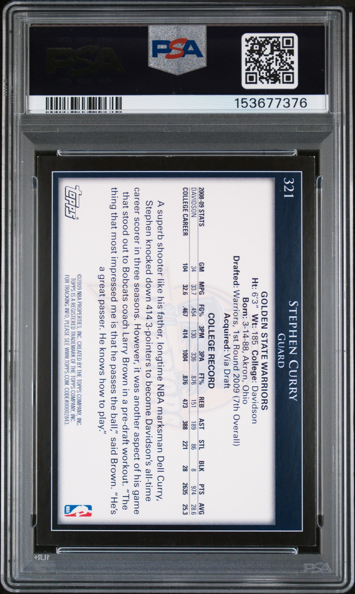 2009 Topps Stephen Steph Curry RC Rookie #321 PSA 6 EX-MT CENTERED