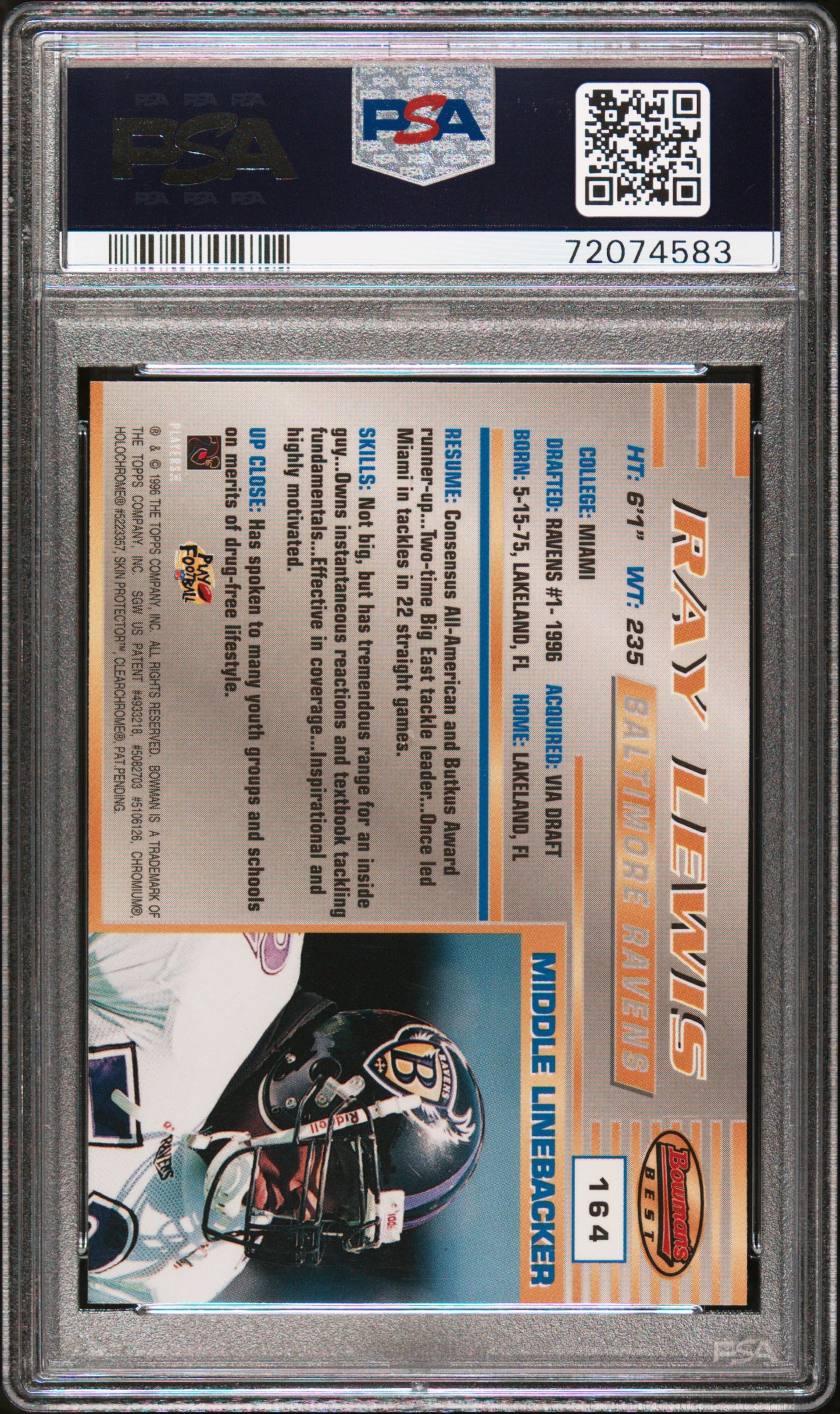 1996 Bowman's Best #164 Ray Lewis RC Rookie PSA 10 GEM MINT New Label