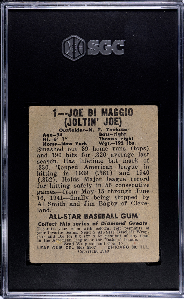 1948 Leaf Gum Co. #1 Joe DiMaggio SGC 3 VG Nice Eye Appeal Well Centered