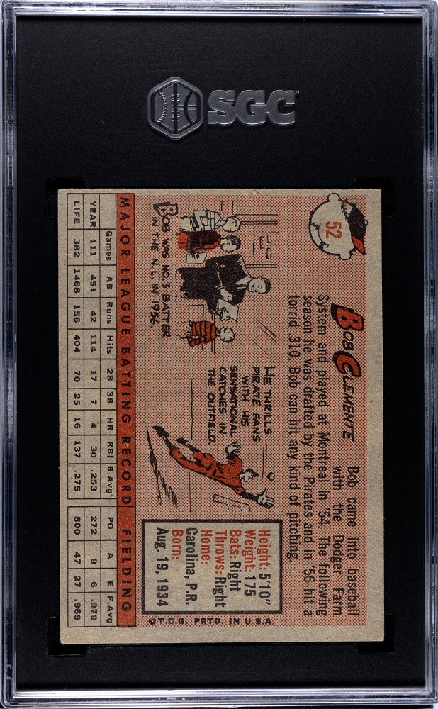 1958 Topps #52 Bob Roberto Clemente SGC 4.5 VG-EX+ Nice Color