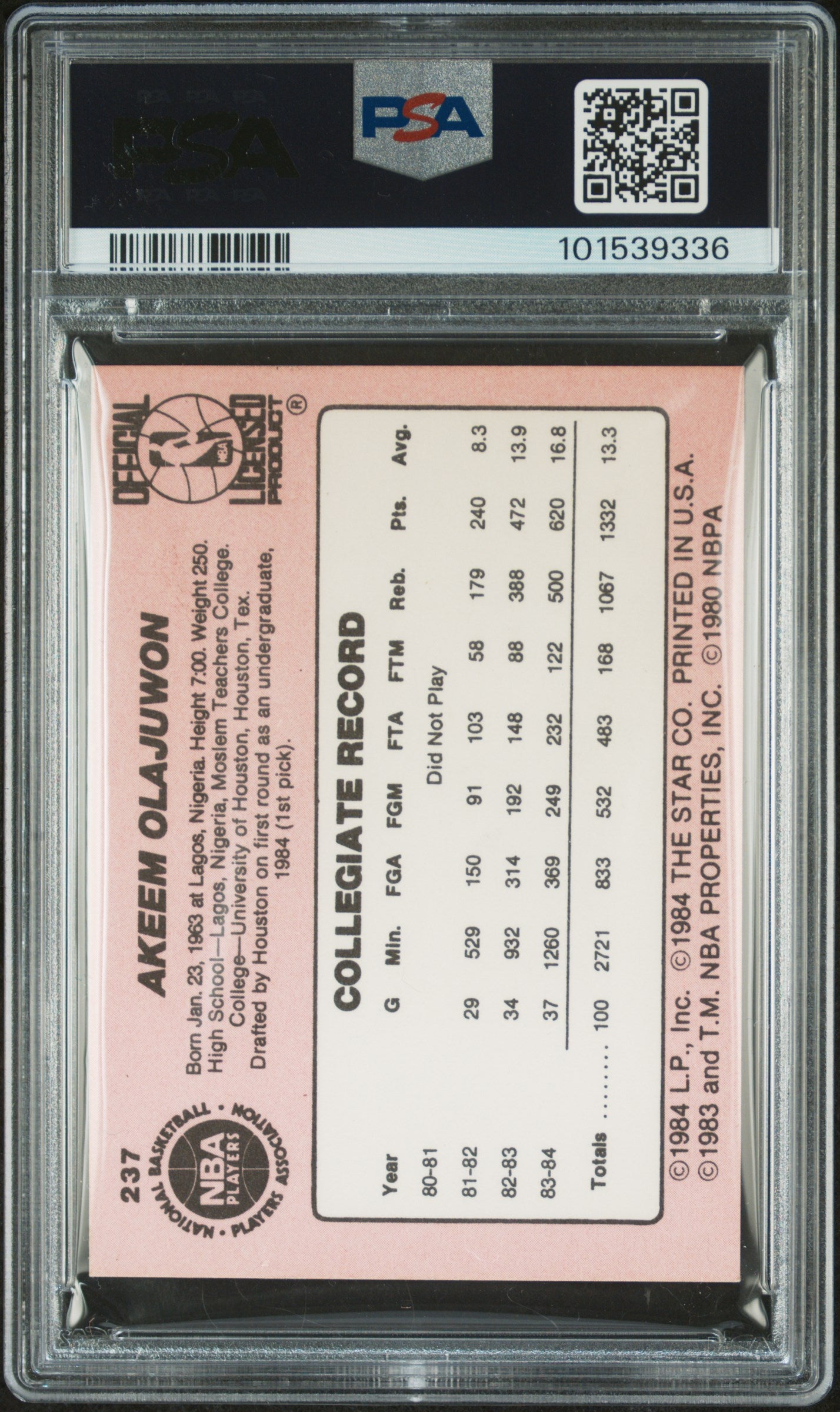 1984 Star #237 Hakeem Akeem Olajuwon RC Rookie PSA 7 NM Near Mint