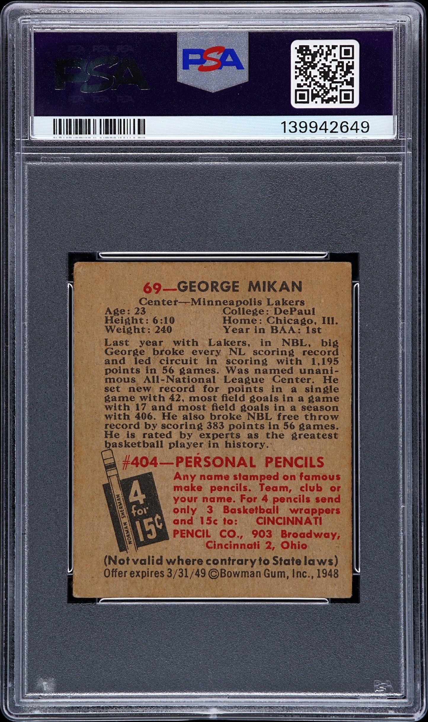 1948 Bowman #69 George Mikan RC Rookie PSA 3 VG Nice Color New Label