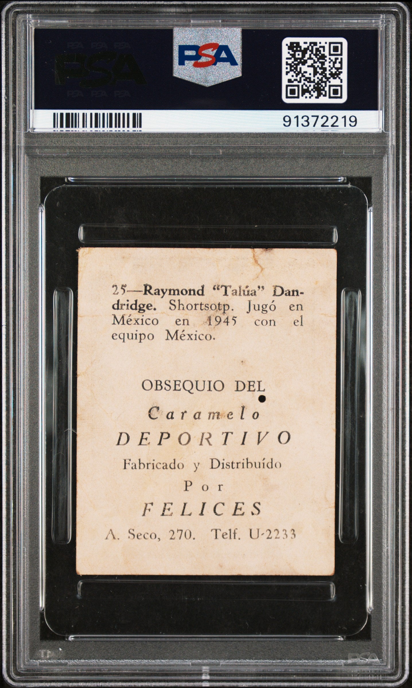 1945-46 Caramelo Deportivo Cuban League #25 Ray Dandridge PSA 1 (pinhole)